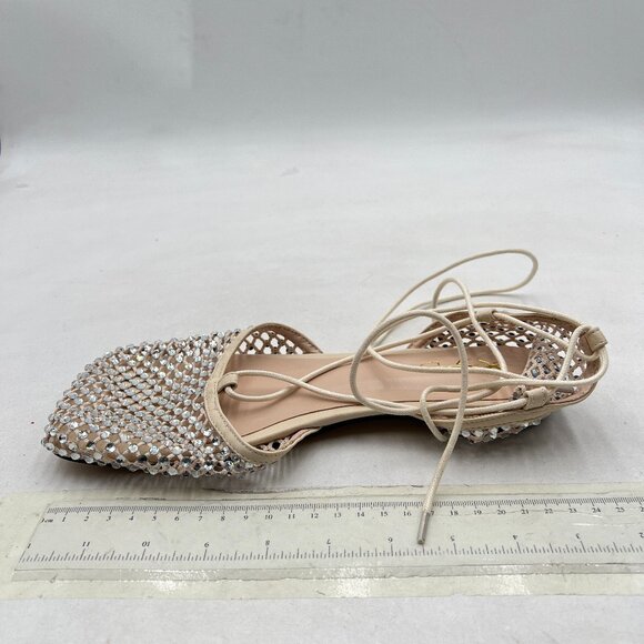 XYD Beige Square Toe Studded Flats Sandals Mesh D'Orsay Ankle Strap Slip On Shoe - Picture 2 of 8